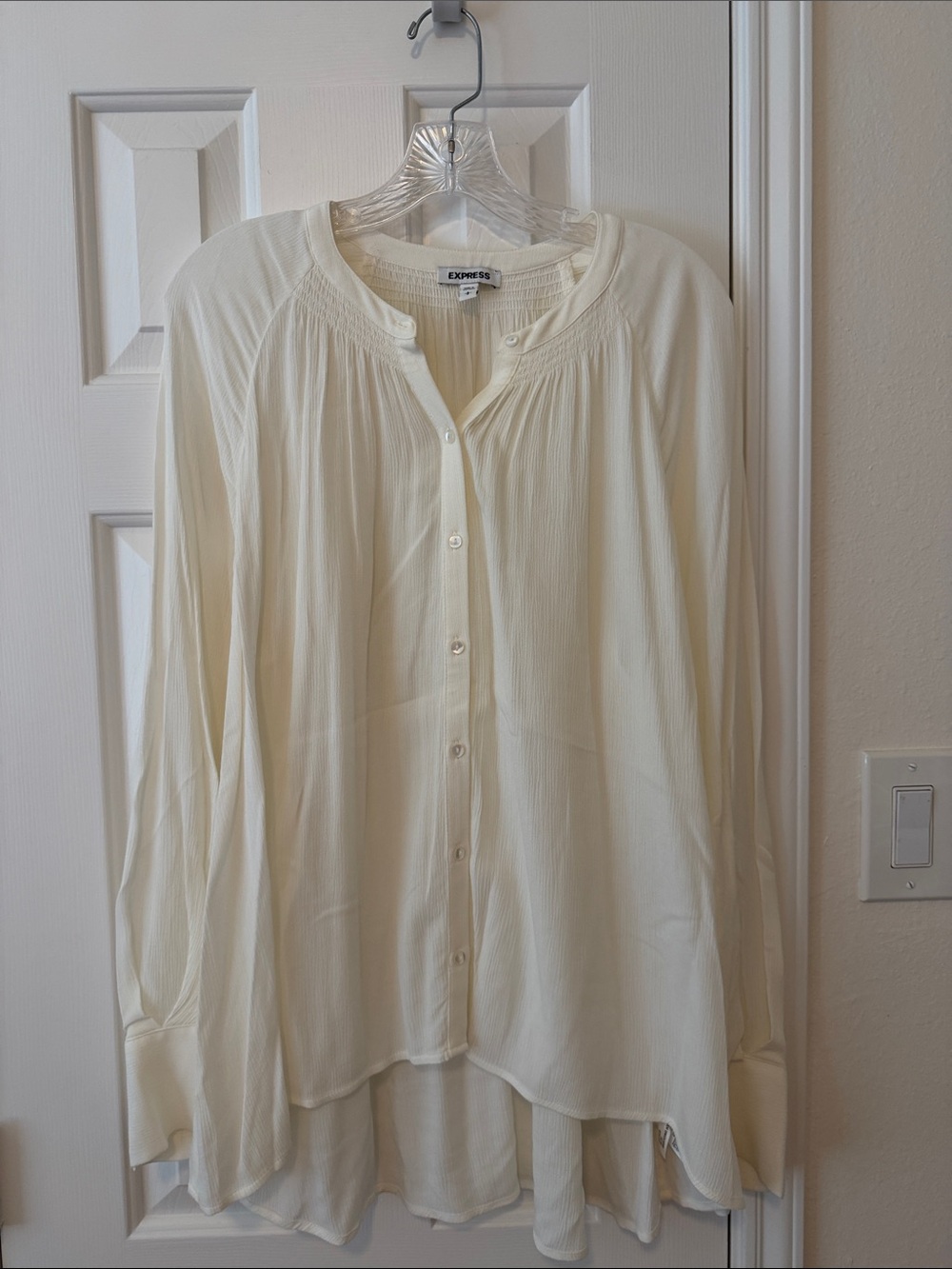 Express Cream Button-Front Long Sleeve Peasant Blouse
